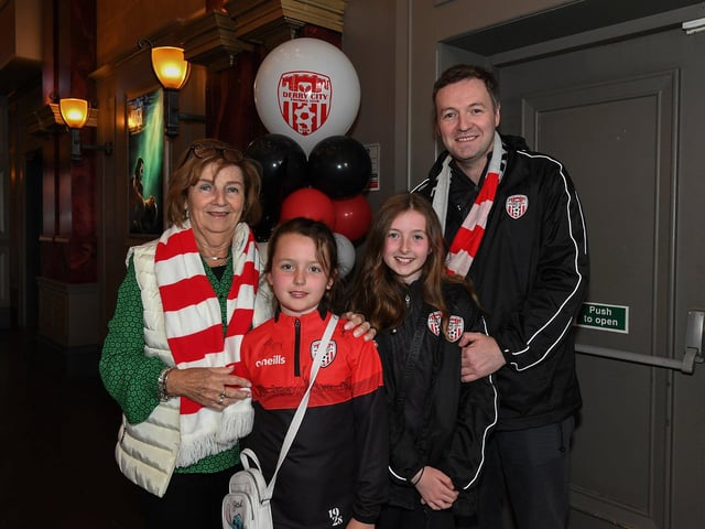 Derry City fans pictured at the Brunswick Moviebowl ahead of the live screening of the candystripes’ Europe Conference League away to FCB Magpies on Thursday evening. Photo: George Sweeney