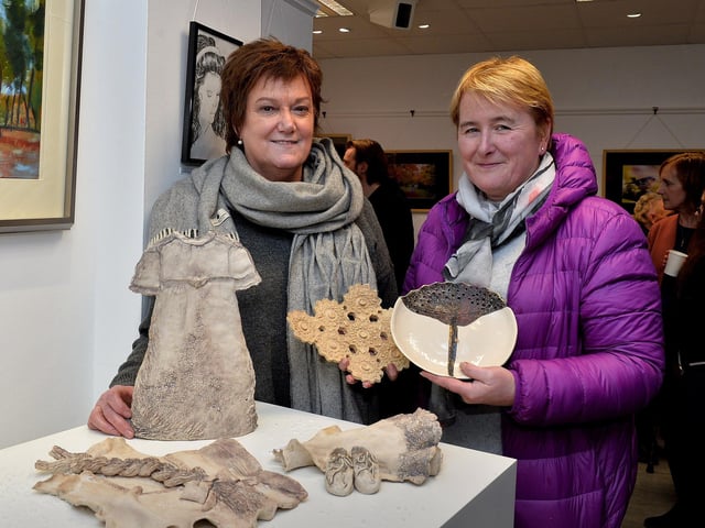 Buncrana ladies Veronica Buchanan and Angela Tourish pictured with their ceramic exhibits at the recent Eden Place Arts Centre Student Christmas Exhibition.  DER4718GS022