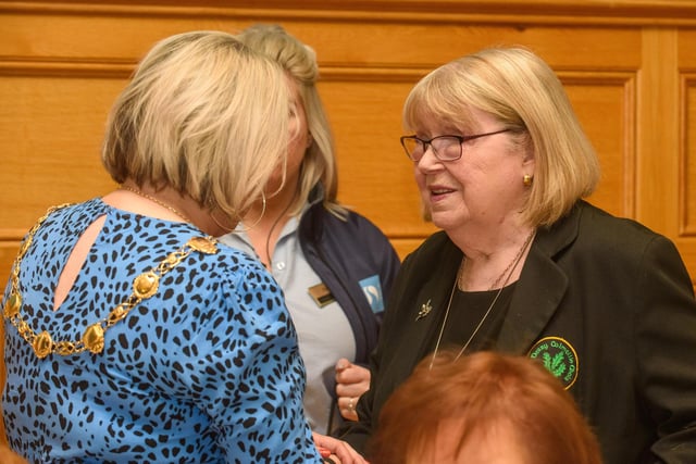 The Mayor Councillor Sandra Duffy with musical director Sheila Carlin when she welcomed the members of Colmcille Ladies Choir to a reception in the Guildhall as they mark their 50th Anniversary. Picture Martin McKeown. 20.01.23:.