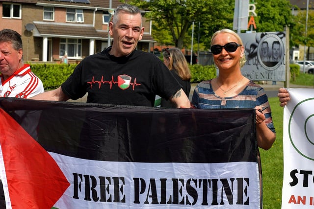 Some of the people who gathered at Free Derry Wall, on Saturday afternoon, to remember ‘The Nakba’, also known as the ‘Palestinian Catastrophe’,  - the destruction of Palestinian society and homeland in 1948. Photo: George Sweeney.  DER2319GS – 24 