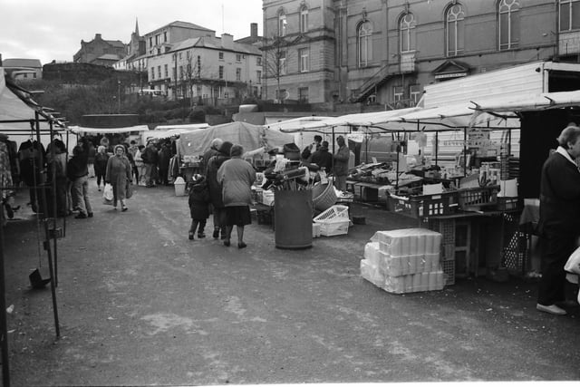 The Foyle Street market with St. Columb's Hall in the background.