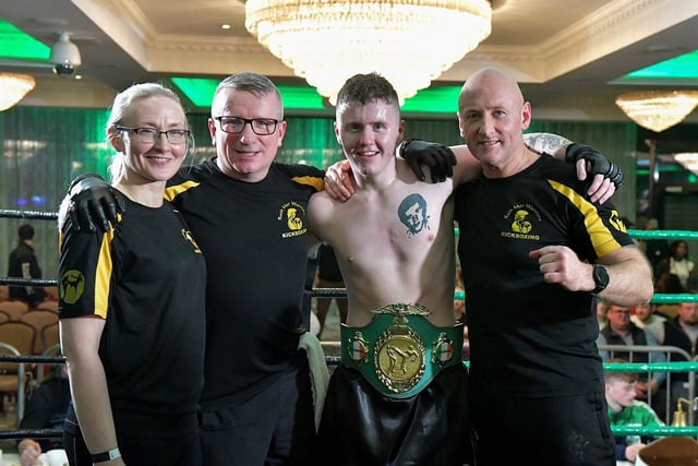 Rathmor Warrior’s Conal McBrearty defeated CJ Silcock, Fightclub NI, to win the All Ireland 66kg K1 Title, on Saturday evening last, in the Everglades Hotel. Photo: George Sweeney.  DER2312GS – 81