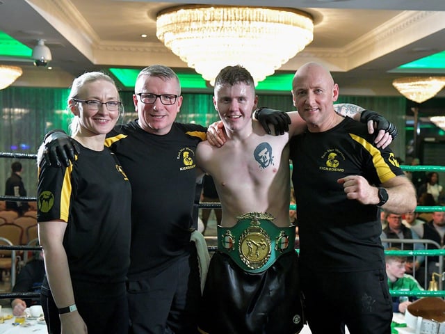Rathmor Warrior’s Conal McBrearty defeated CJ Silcock, Fightclub NI, to win the All Ireland 66kg K1 Title, on Saturday evening last, in the Everglades Hotel. Photo: George Sweeney. DER2312GS – 81