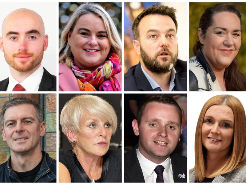The eight Westminster Foyle candidates. Top row: John Boyle (Aontú), Sandra Duffy (Sinn Féin), Colum Eastwood (SDLP), Rachael Ferguson (Alliance Party). Bottom row: Shaun Harkin (People Before Profit), Anne McCloskey (Independent), Gary Middleton (DUP) and Janice Montgomery (UUP).