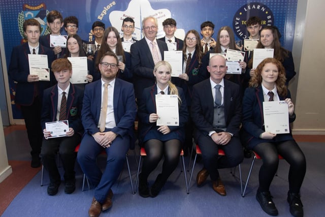 Students from Oakgrove Integrated College pictured receiving their awards at the recent Senior Prizegiving from Mr. Sean Pettis, CEO, Council for Integrated Education, Mr. John Harkin, Principal and Mr. David Middldeton, Senior Teacher. (Photos: Jim McCafferty Photography)