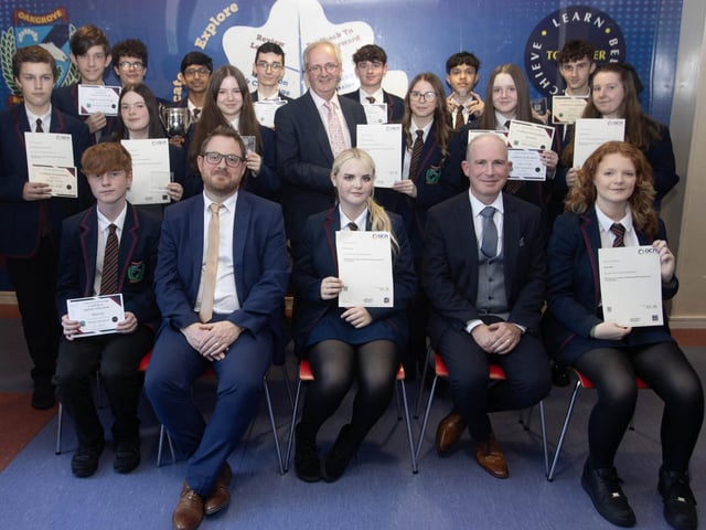 Students from Oakgrove Integrated College pictured receiving their awards at the recent Senior Prizegiving from Mr. Sean Pettis, CEO, Council for Integrated Education, Mr. John Harkin, Principal and Mr. David Middldeton, Senior Teacher. (Photos: Jim McCafferty Photography)