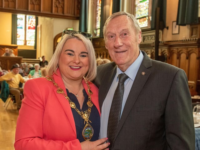 The Mayor Councillor Sandra Duffy pictured with Christy McMonagle as she hosted final tea dance of her term in the Guildhall on Wednesday. Picture Martin McKeown.