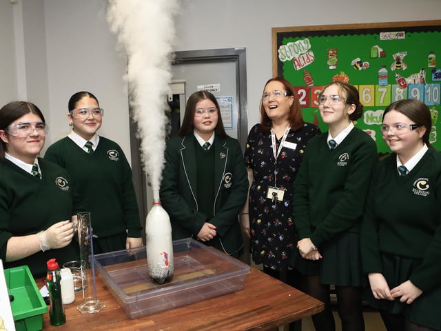 Paula McLarnon, Head of the Science Department with students in the Science Department at St. Cecilia’s College Open Night. (Photo - Tom Heaney, nwpresspics)