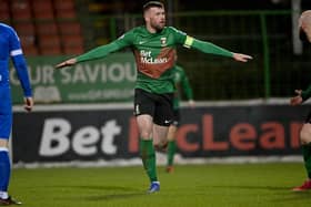 Glentoran's Patrick McClean celebrates scoring against Dungannon Swifts. Picture by ©INPHO/Stephen Hamilton
