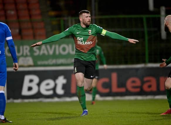 Glentoran's Patrick McClean celebrates scoring against Dungannon Swifts. Picture by ©INPHO/Stephen Hamilton