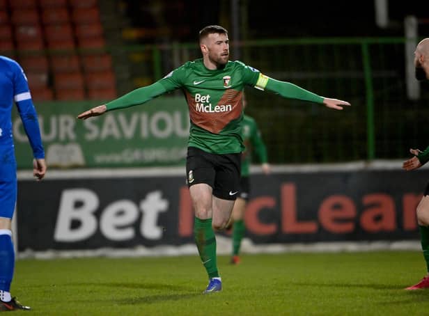 Glentoran's Patrick McClean celebrates scoring against Dungannon Swifts. Picture by ©INPHO/Stephen Hamilton