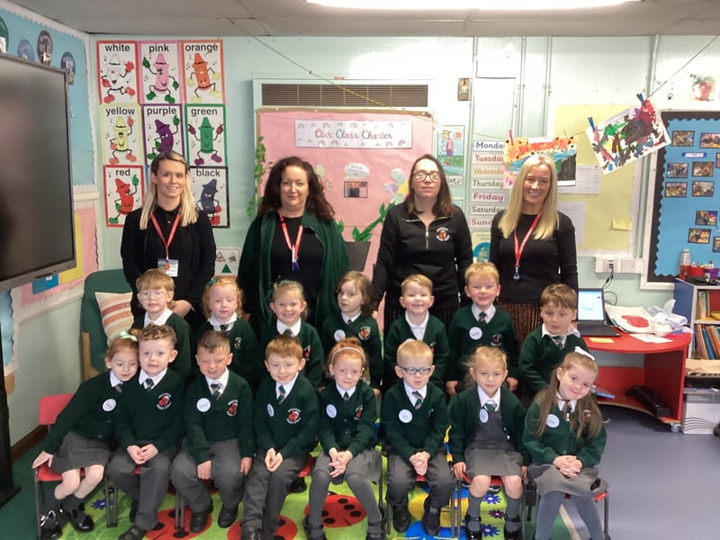Greenhaw Primary School P1s with Teacher Mrs Molloy with Assistants left to right Miss Hegarty , Mrs McIntyre and Mrs Montgomery.