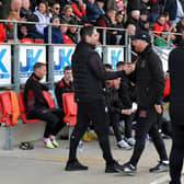 Ruaidhrí Higgins greets Dundalk manager Stephen O’Donnell before Derry's 3-0 win over the Lilywhites at Brandywell Stadium back on May 15th.