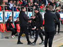 Ruaidhrí Higgins greets Dundalk manager Stephen O’Donnell before Derry's 3-0 win over the Lilywhites at Brandywell Stadium back on May 15th.