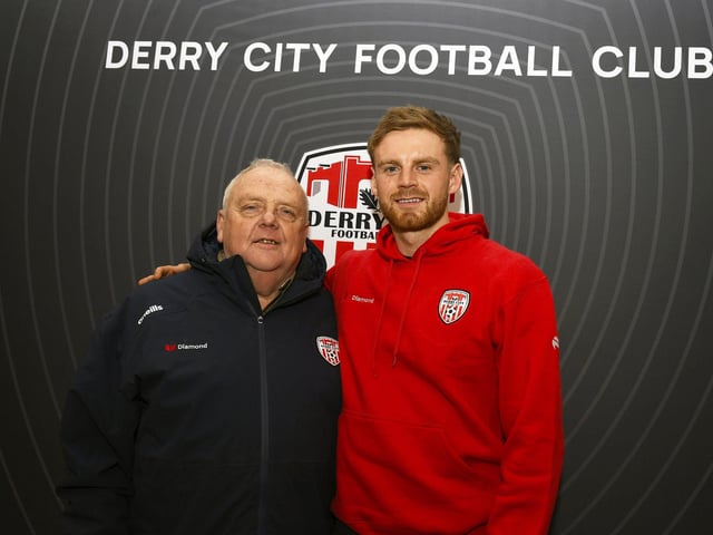 Lawrence Moore, Derry City FC Media Officer pictured with the club's recent signing Rob Slevin at the club's merchandise outlet in Foyleside Shopping Centre. Photo: George Sweeney