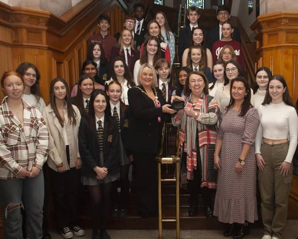 Sandra Biddle and daughter Blathnaid Biddle with members of the Foyle School of Speech and Drama at a mayoral reception with former Mayor, Sandra Duffy.