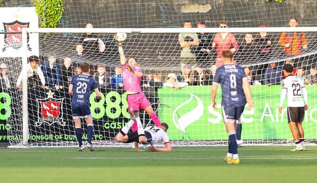 Derry City keeper Brian Maher produces this sensational save to deny Dundalk in the second half. Mandatory Credit: Kevin Moore/MCIphoto