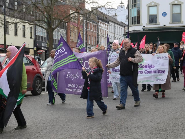 International Women’s Day march passing through the Diamond for rally at Guildhall Square on Saturday. (Photo - Deirdre Heaney, nwpresspics)