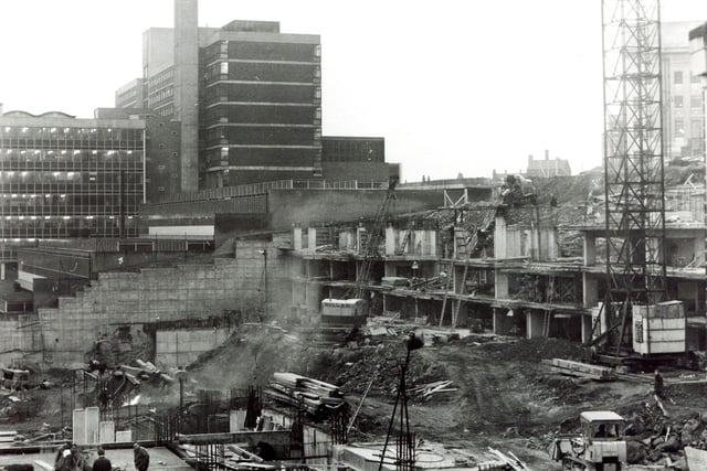 A general view of the redevelopment taking place in Pond Street, Sheffield, where shops and a new multi-storey car park were being constructed in January 1966
