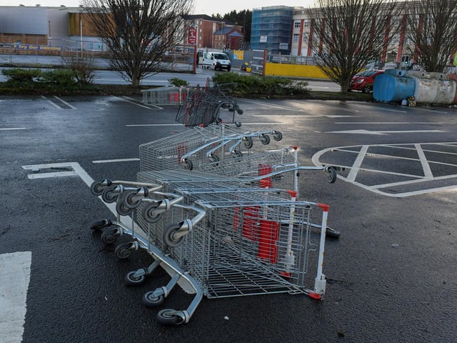Trolley bays at Sainsburys damaged by Storm Isha. Photo: George Sweeney