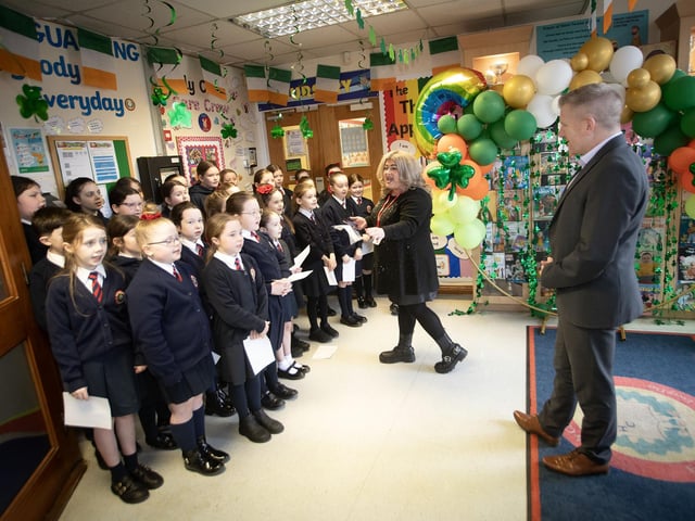 The Holy Child PS Choir performing for Children's Commissioner Chris Quinn on Thursday.