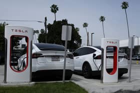 A Tesla Supercharger station in Pasadena, California. (Photo by Justin Sullivan/Getty Images)