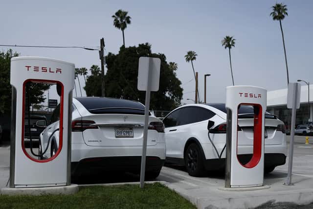 A Tesla Supercharger station in Pasadena, California. (Photo by Justin Sullivan/Getty Images)