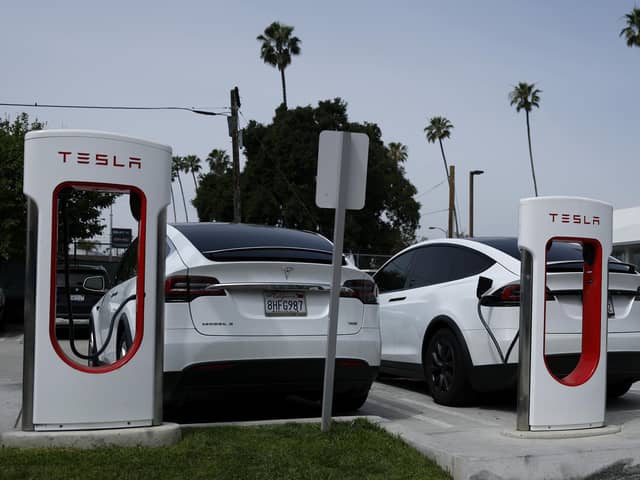 A Tesla Supercharger station in Pasadena, California. (Photo by Justin Sullivan/Getty Images)