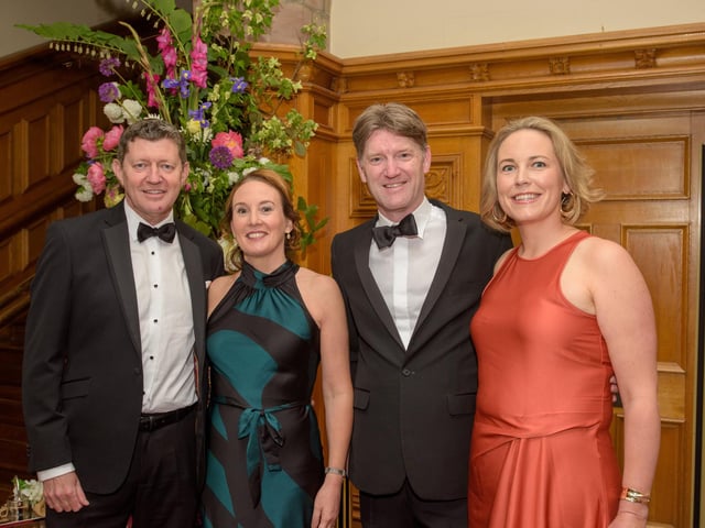 The Mayor Councillor Patricia Logue hosted the annual Mayor’s Ball in the Guildhall in aid of her chosen Charities the Foyle Hospice and Ryan McBride Foundation. Pictured at the event are guests, Greg McCann, Liz Curry, Andrew Fleming and Ciara Hanley. Picture Martin McKeown. 24.05.24