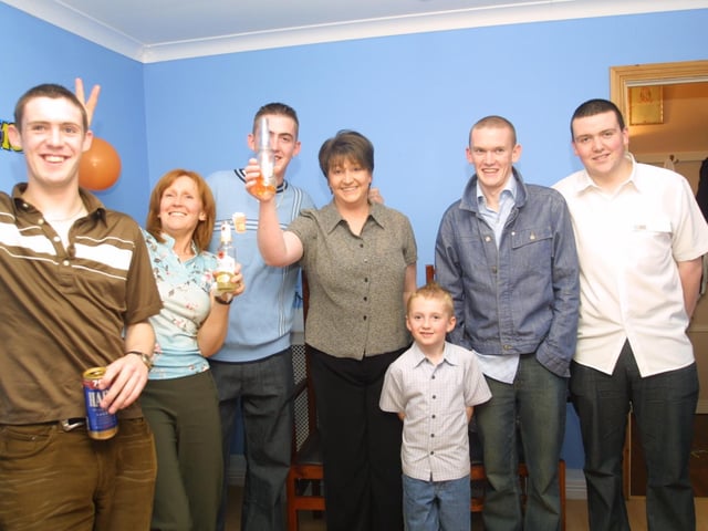 Kevin Duffy, Margaret McLaren, Conor McLaughlin Lynda Dickson, Tommy Dickson, Darren Baker, and Christopher Caldwell enjoying themselves at the party