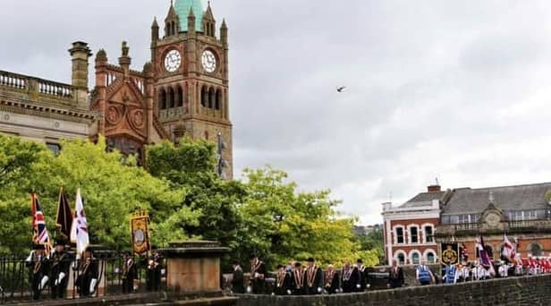 The Apprentice Boys marching on the Derry Walls during a previous parade in the city.