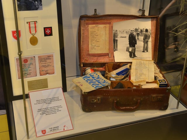A First Aid case belonging to Lieutenant James McDaid, Order of Malta, used on Bloody Sunday on display at the Order of Malta Exhibition launch in the Museum of Free Derry on Monday evening last. Photo: George Sweeney. DER2305GS – 51