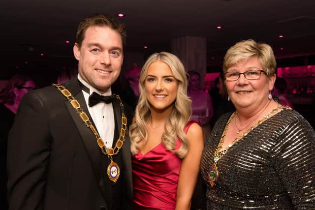 L-R Northern Ireland Hotels Federation President Eddie McKeever; Robyn McGarrigle, Bishop’s Gate Hotel (winner of Receptionist of the Year category) and Angela Dobbins, Deputy Mayor of Derry City & Strabane District Council.