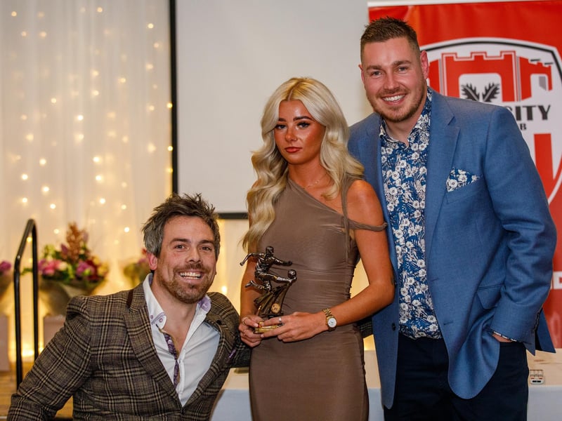 Young player of the year, pacey winger Caoirse Doherty receives her award from coach Pete Mitchell and manager Paul Dixon at the awards night at the Maldron Hotel. The Brandywell girl slotted easily into the team last year and was a big performer throughout the season!