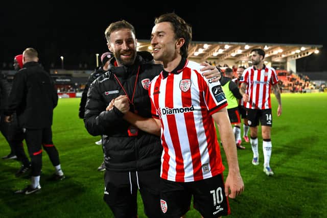 Danny celebrates a Derry City victory with Darragh Markey. Photo by Stephen McCarthy/Sportsfile
