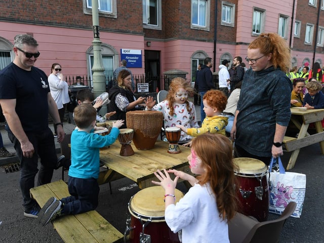 Children getting some drumming practice at the One Word Festival held in in Bishop Street outer on Sunday afternoon. Photo: George Sweeney