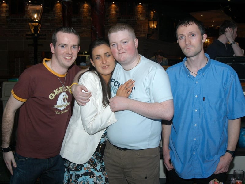 Staff from the lab at Altnagelvin were snapped enjoying a game of bowls and a few beers at the Bowling Alley in late 2004. L-R: Daniel Gallagher, Zoe O’Donnell, Mark Leonard & Shane McFadden.