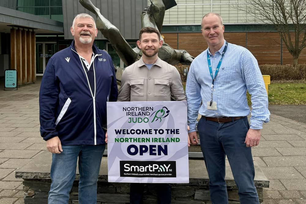 Launching the 2024 NI Judo Open at the Foyle Arena are, from left,  Russell Brown (Chair NI Judo), Marc McLaughlin (Sales Director SmartPay NI) and Leisure and Sport Operations Manager at DCSDC Steve Setterfield.