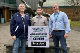 Launching the 2024 NI Judo Open at the Foyle Arena are, from left,  Russell Brown (Chair NI Judo), Marc McLaughlin (Sales Director SmartPay NI) and Leisure and Sport Operations Manager at DCSDC Steve Setterfield.