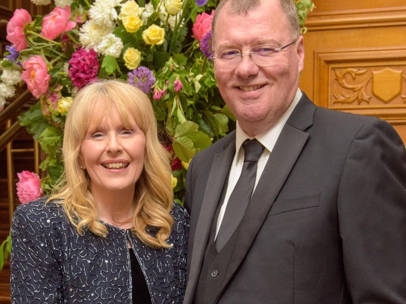 The Mayor Councillor Patricia Logue hosted the annual Mayor’s Ball in the Guildhall in aid of her crossed Charities the Foyle Hospice and Ryan McBride Foundation. Pictured at the event are guests, Sharon and PStephen Gillespie. icture Martin McKeown. 24.05.24