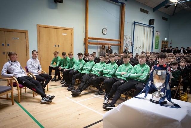Derry City stars Glenn McCourt and Ciaron Harkin answering questions from the players during Thursday's event.