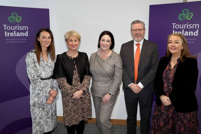 Assumpta O’Neill and Karen Henderson, both Visit Derry; Brenda Morgan, City of Derry Airport; Matt Doherty, Visit Derry; and Judith Cassidy, Tourism Ireland, at the launch of Tourism Ireland’s 2023 marketing plans in Belfast.