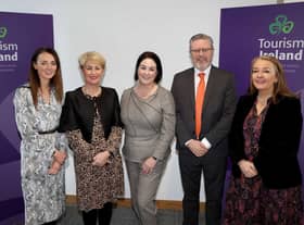 Assumpta O’Neill and Karen Henderson, both Visit Derry; Brenda Morgan, City of Derry Airport; Matt Doherty, Visit Derry; and Judith Cassidy, Tourism Ireland, at the launch of Tourism Ireland’s 2023 marketing plans in Belfast.