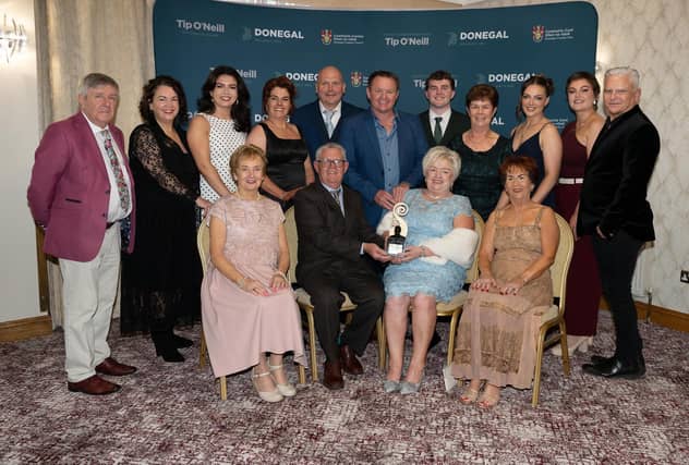 Eileen and Sean Donaghey with their family at the 2025 Tip O’Neill Irish Diaspora Awards took place on Friday evening at the Inishowen Gateway Hotel in Buncrana, honouring four exceptional members of the Global Irish community whose achievements reflect the enduring spirit and values of the Irish diaspora. Photo Clive Wasson : .