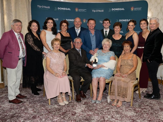 Eileen and Sean Donaghey with their family at the 2025 Tip O’Neill Irish Diaspora Awards took place on Friday evening at the Inishowen Gateway Hotel in Buncrana, honouring four exceptional members of the Global Irish community whose achievements reflect the enduring spirit and values of the Irish diaspora. Photo Clive Wasson : .