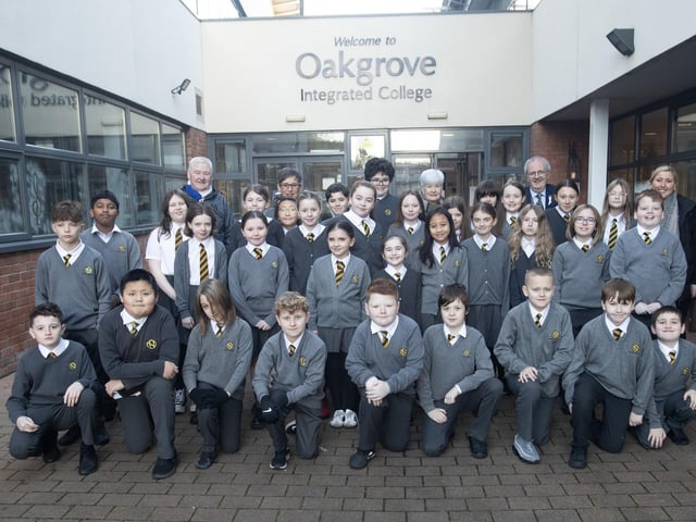 Mr. John Harkin, Principal, Oakgrove Integrated College welcomign pupils from Model PS to the College on Monday last as part of an 'Active Learning Day'. (Photos: Jim McCafferty Photography)