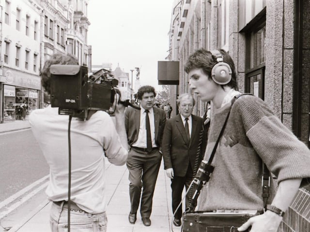 Former Taoiseach Charlie Haughey with John Hume on a visit to Derry and Ballyliffin and being filmed for a Channel 4 TV series.