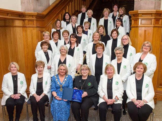 The Mayor Councillor Sandra Duffy welcomed the members of Colmcille Ladies Choir to a reception in the Guildhall as they mark their 50th Anniversary. Picture Martin McKeown. 20.01.23:.