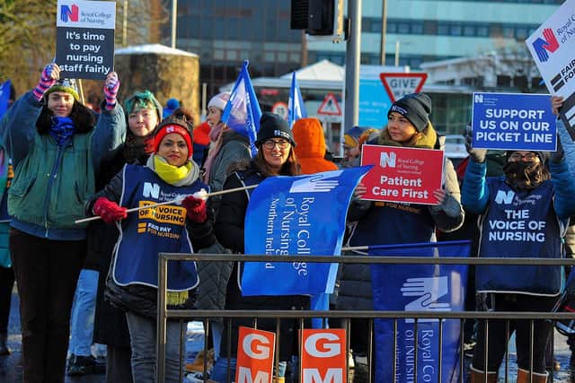 Royal College of Nurses members, campaigning for fair pay and conditions, pictured previously taking part in industrial action at Altnagelvin Hospital. Photo: George Sweeney. DER2250GS - 38