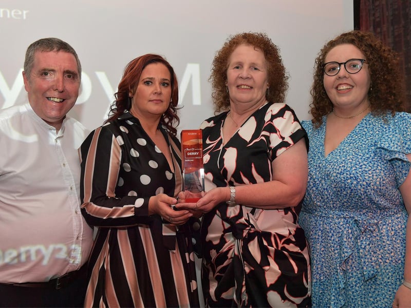 Charity Person of the Year Award winners Strictly By M Dancin’, receive their trophy from the Derry Journal’s Diane Burke. Photo: George Sweeney. DER2325GS – 53